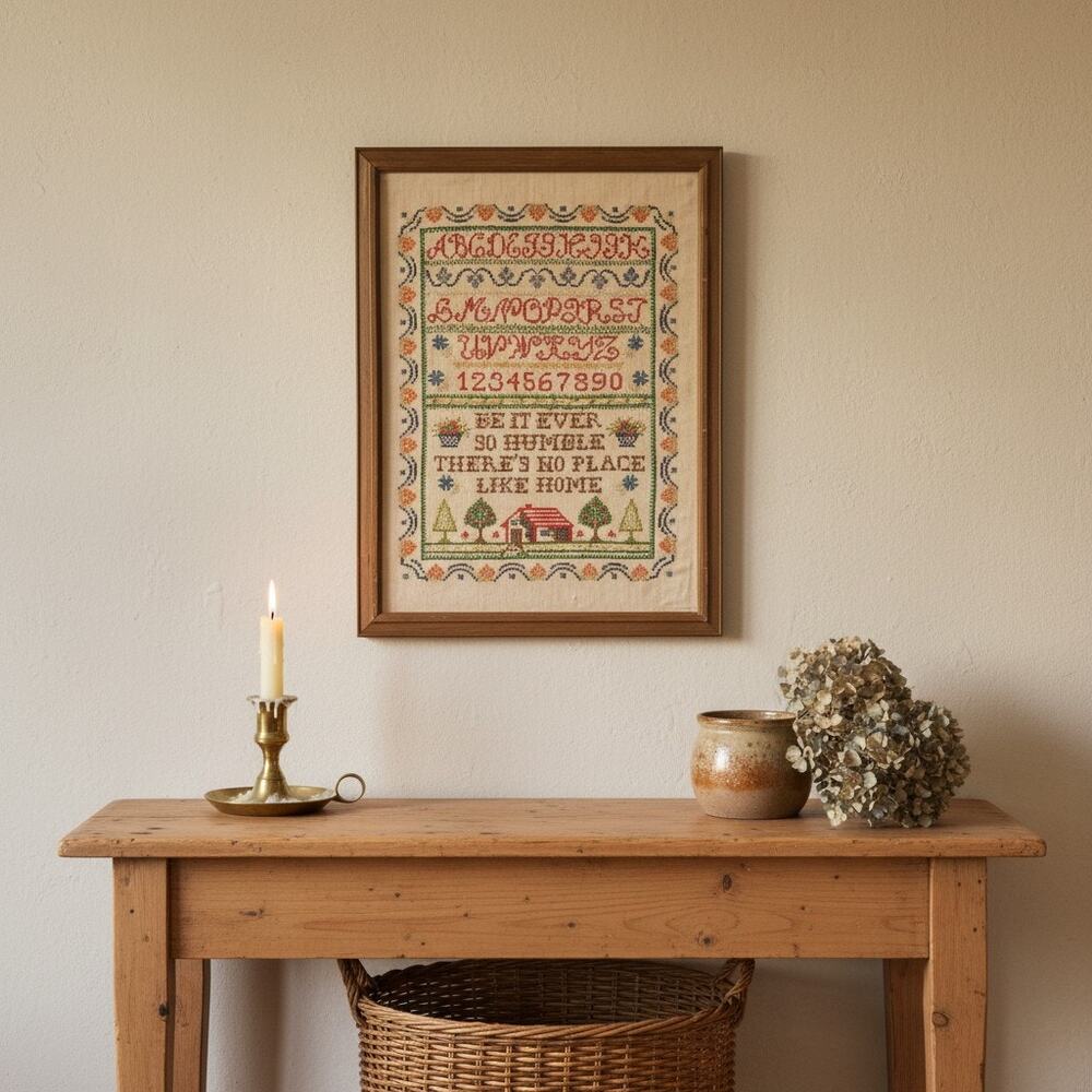 Vintage Framed Cross Stitch Sampler-Primitive-Folk Art-Needlework-Alphabet-Farm